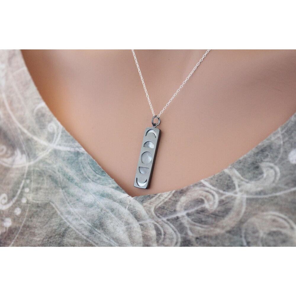 Sterling Silver Moon Phase Pendant Necklace With Set Over Pearl
